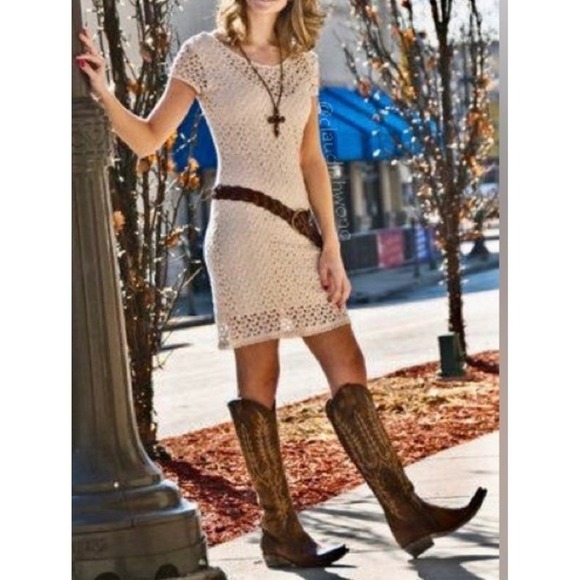 Free People Ivory Crochet Gypsy Boho Scoop Sheath Dress L - Picture 6 of 12